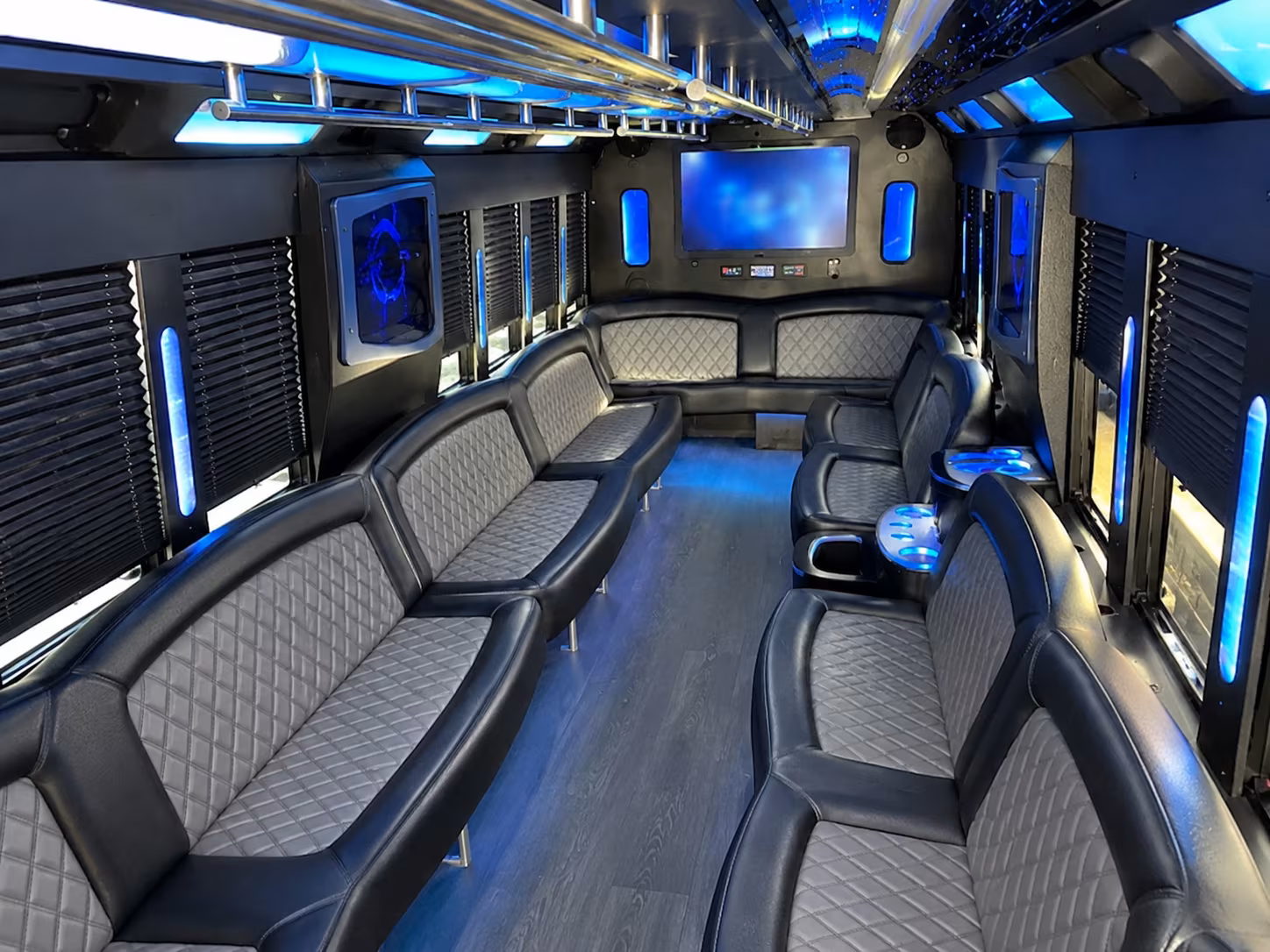 Interior of a party bus rental serving Long Beach